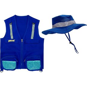 M/L Combination Set Safe for Boys and Girls: 1 Blue Cargo Vest for Kids with Reflective Safety Straps & 1 Floppy Bucket Sun Hat with Chin Strap. Color: Navy Blue