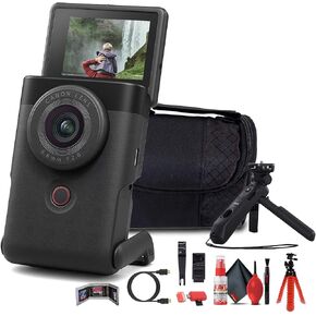 Canon PowerShot V10 Content Creator Compact Vlogging Camera (Black) (5947C002) DM-E100 MIC + TRUPOD GRIP + 64GB بطاقة ذاكرة + حقيبة كاميرا + مجموعة ترايبود + كابل HDMI + أكثر (متجددة)