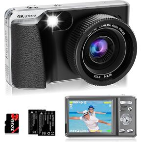4K Digital Camera for Photography Autofocus,Macro Digital Camera for Kids with SD Card,48MP Vlogging Camera for YouTube,Compact Digital Camera with 18X Digital Zoom,Flash, Anti-Shake,2 Batteries