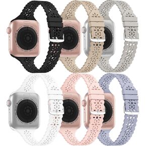 YAXIN 6 Pack Lace Silicone Bands Compatible for Apple Watch Band 40mm 41mm 38mm 44mm 45mm 42mm Women,Soft Slim Thin Breathable iWatch Bands for Women Sport Strap for iWatch SE/Series 9/8/7/6/5/4/3/2/1