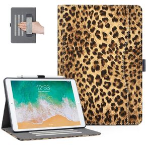 iPad 10.2 Case Leopard Print, Case for iPad 9th/8th/7th Generation 10.2 Inch Girs Women with Pencil Holder/Front Pocket, iPad Cover 9th Generation Adjustable Viewing Stand, Auto Wake/Sleep, Brown