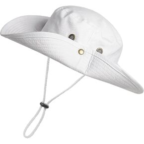 Womens Sun Hat Wide Brim Bucket Hats Hiking Fishing UV Protection Safari Boonie Hat for Men Women（L 24" /61cm，M 22.83"/58cm） White