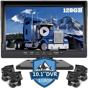 128GB 10.1" Audio Monitor Backup Camera Built-in DVR Dash Cam for RV Truck Trailer Rear Side Front Backing View Wired System 1080P HD Image 4 Split Screen IP69 Waterproof Avoid Blind Spot A10