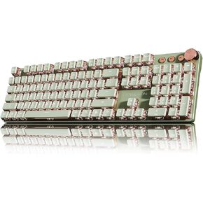 EWEADN Typewriter Style Mechanical Gaming Keyboard,104 Keys Backlit LED Keyboard, Media Control Knob, Wired Computer Keyboard Pink Switch for Windows/Mac/PC-Green