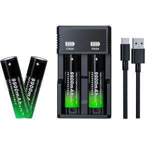 3.7Volt Rechargeable Battery 18650 Flat Top 9900mAh Large Capacity for Headlamps LED Flashlights(4 Pack,18650 Battery+Charger)