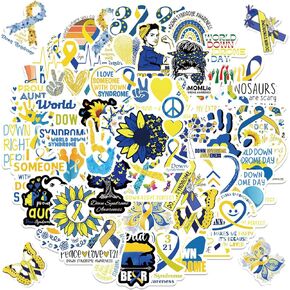 50pcs Down Syndrome Awareness Stickers, Down's Syndrome Stickers Care DS Blue and Yellow Ribbon Stickers for Laptop Water Bottles Scrapbook Car Skateboard Bike Luggage
