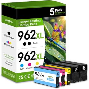 962XL Ink Cartridges Black Color Combo Pack (5-Pack,2Black/1Cyan/1Magenta/1Yellow) Replacement for 962 XL Officejet Pro 9010 9012 9015 9018 9020 9025 9014 Printer