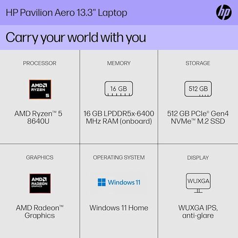 HP Pavilion Aero Laptop 13.3 "IPS Wuxga (1920x1200) (AMD Ryzen 5 8640U ، 16GB LPDDR5 RAM ، 512GB SSD ، Backlit KB ، Wi-Fi 6 ، Bluetooth 5.3 ، Webcam ، Win 11 Home) مع Dockztorm in Kuwait