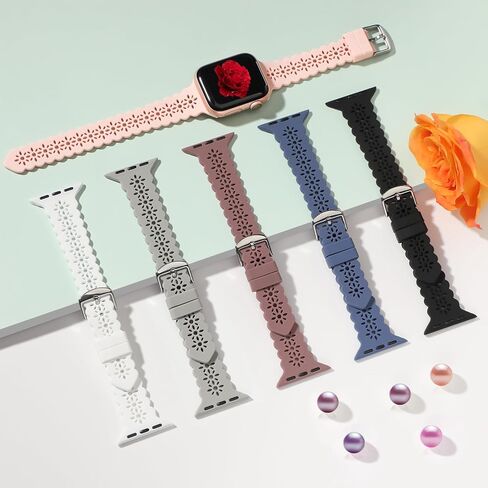 yaxin 6 pack pack Lace Silicone Bands متوافقة مع Apple Watch Band 40mm 41mm 38mm 44mm 45mm 42 ملم نساء ، نطاقات Iwatch الناعمة الناعمة الرقيقة للنساء للسيدات لـ Iwatch SE/Series 9/8/7/6/5/4/2/2/ 1 in Kuwait