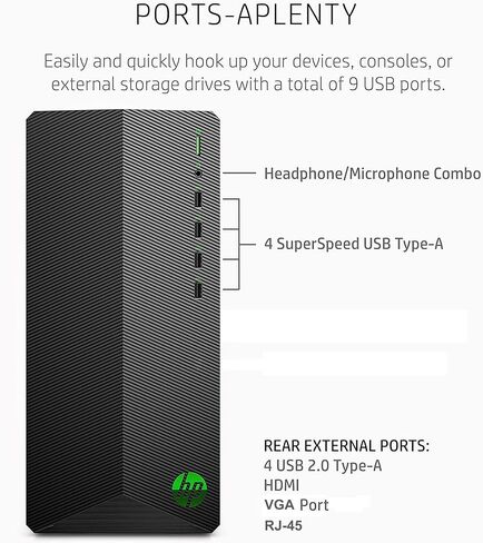 HP Pavilion Tower Tower Computer ، Octa-Core AMD Ryzen 7 5700G ، 16GB DDR4 RAM ، 1TB PCIE SSD ، WIFI 6 ، Bluetooth ، RJ-45 ، HDMI ، VGA ، Windows 11 Pro ، WE/PGPY in Kuwait