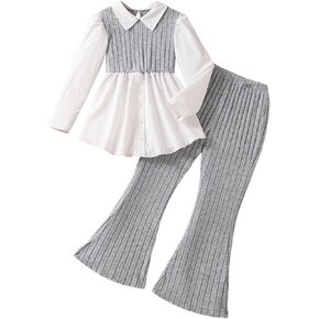 GORGLITTER Girl's 2 Piece Outfits Colorblock Long Sleeve 2 in 1 Peplum Blouse Shirt and Flared Pants Set