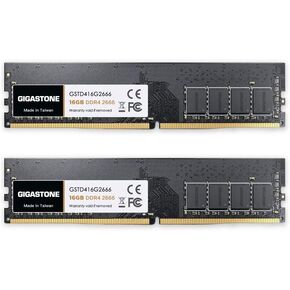 【DDR4 RAM】 GIGASTONE 32GB Kit (2x16GB) DDR4 2666MHz (2400MHz or 2133MHz) PC4-21300 (PC4-19200/17000) CL19 1.2V UDIMM 288 Pin Unbuffered Non ECC High Performance PC Desktop Memory Upgrade