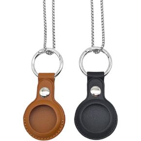 Airtag Necklace for Adults, Black Brown Leather Airtag Holder Silver Chain Necklace for Women Men GPS Tracker Chain Compatible with Air Tag 2 Packs