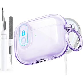 Clear Case for AirPods Pro 2nd/1st Generation Case with Lock, Effortless MagSafe, Soft TPU Transparent Apple Airpod iPod Pro Case Cover 2nd/1st Gen 2023/2022/2019 with Cleaning Kit&Keychian, Purple