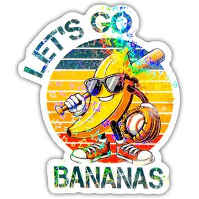 (3cps) Let's Go Bananas Baseball Holographic Stickers, Funny Banana Glitter Stickers, Retro Water Assistant Holographic Vinyl Sticker, Size 3" Sparkly Stickers for Laptop Phone Water Bottle