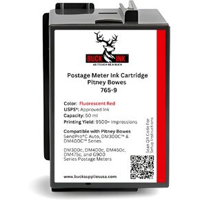 Buck PB 765-9 Replacement Fluorescent Red Ink Cartridge (50ml) for SendPro C, SendPro+ Compatible with DM300C, DM400C, DM450C, DM475C, & G900 Series Postage Meters