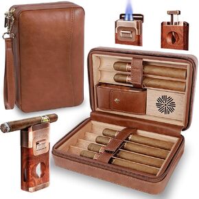 Travel Humidor Cigar Travel Case with Cigar Lighter, Leather Cedar Wood Cigar Cases for Men, Portable Cigar Humidor Travel Case Gifts for Men, Dad, Husband, Please Note: Butane Fuel is NOT Included