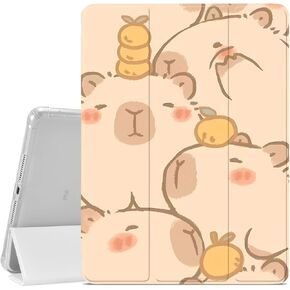 JOYLAND Cute Capybara Pattern Case for iPad 9th/8th/7th Generation 10.2 Inch (2021/2020/2019 Release), Pencil Holder & Clear Transparent Soft TPU Back & Trifold Smart Pad White Cover
