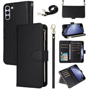 Wallet Case for Samsung Galaxy Z Fold 5 5G 2023 with Wrist Strap Shoulder Strap Leather Zipper Flip Purse Card Holder Slots Protector Stand Cell Phone Cover ZFold5 Z5 G Fold5 5Z Girls Black