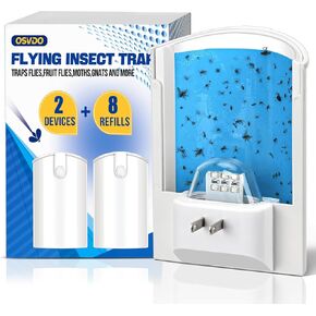 Flying Insect Trap, Indoor Plug-in Fly Trap for Home, Mosquito Killer Indoor Gnat Moth Catcher with Night UV Light, Mosquito Attractant Fly Bug Zapper for Home, Office (2 x Devices & 8 x Refills)