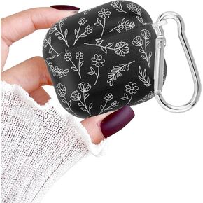 Compatible with Airpods 4 Case, Floral Flower Soft TPU Shockproof Protective Cover with Keychain for Women Girl (Black)