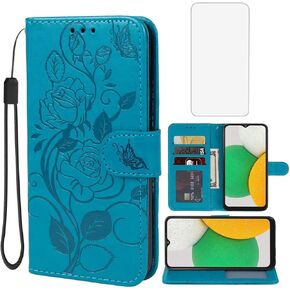 Case for Galaxy A03 Core/Samsung A03 Core SM-A032F Wallet Case with Tempered Glass Screen Protector, Flower Leather Flip Credit Card Holder Stand Phone Cover for Samsung Galaxy A03 Core Blue
