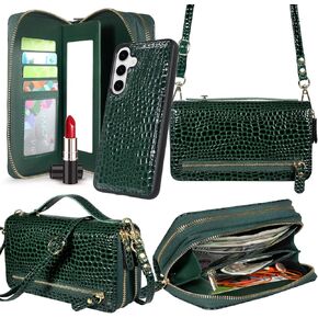 Harryshell Compatible with Samsung Galaxy S25+ Plus Case Wallet Multi Zipper Detachable Removable Cover Purse with Card Slots Holder Mirror Crossbody Wrist Strap for 6.7 inch (Crocodile Teal)