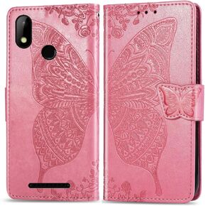 for HotPepper Chilaca Plus 6.5" Case,Butterfly Embossed Flowers PU Leather Magnetic Flip Cover Stand Card Holders & Hand Strap Wallet Purse Case for HotPepper Chilaca Plus 6.5" -Pink