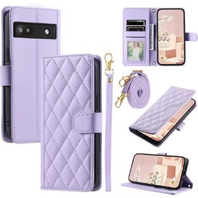 Wallet Case for Google Pixel 6A 5G 2022 with Wrist Strap, Shoulder Strap, Multiple Card Slots Folio Purse, Luxury PU Leather Stand Accessories Cell Phone Cover for Pixel6A A6 Women Men Purple