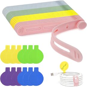 32Pcs Reusable Cord Labels Tags and Silicone Cable Ties Set, 20 Cord Ties for Electronics + 12 Cord Labels for Electrical Cords, Perfect for Home Office Desk Wire Management (Multicolor)