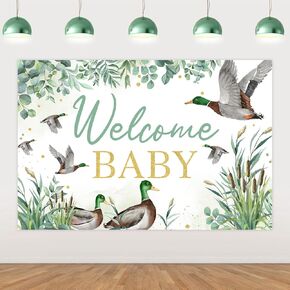 Sursurprise Duck Hunting Baby Shower Decorations, 5x3 ft Mallard Duck Welcome Baby Backdrop Banner Sign Photography Background Photo Studio Props for Duck Baby Shower Party Supplies