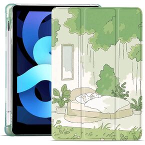 MAYCARI Green Flower Case for iPad 10.2 inch 2021/2020/2019 with Pencil Holder, Cute for iPad 9th/8th/7th Generation Protective Case with Soft TPU Green, Auto Sleep/Wake Cover Slim Shell