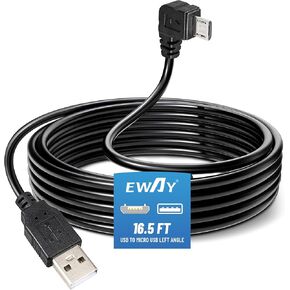 EWAY Dash Cam Mircro USB Power Cord 16.5ft, USB 2.0 A to Micro-B Left Angle 90 Degree Replacement Power Supply Cable Car Charger Adapter USB Connector for Dashcam, Dash Board Recorder Recording Camera