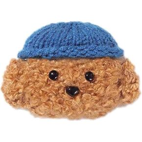 Cute Soft Handmade Knitted Fur Fluffy Brown Teddy Dog Doggie Animal Plush Case for Airpods Pro Cartoon Headphones Cover Brown with Blue Hat