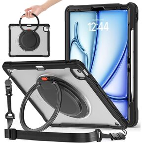 ACEMO for iPad Air 13 inch Case M3/M2 iPad Pro 12.9 case 6th 5th 4th 3rd Generation with 360° Rotating Kickstand Handle, Shoulder Strap, Pencil Holder, Rugged Cover for iPad Air 13 2025 2024, Rose Red