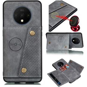 OnePlus 7T Case, Wallet Cover with Credit Card Holder Slots Kickstand [Fits Magnetic Car Mount] PU Leather Double Buckle Wallet Purse Protective Case for OnePlus 7T / 1+7T (2019), Gray