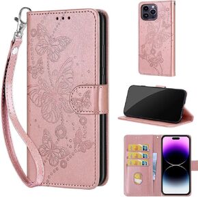 Designed for iPhone 14 Pro Max Case Wallet,Women Flip Folio Cover with Embossed PU Leather Stand Credit Card Holders Slots Wrist Strap Phone Case for iPhone 14 Pro Max 6.7 Inch (Rose Gold Butterfly)
