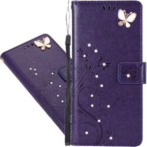 Compatible with Samsung Galaxy S21 FE 5G Case Glitter with Card Holder Flip Wallet Phone Case for Women Crystal Butterfly Shockproof Protective Case for Samsung Galaxy S21 FE 5G,Purple GY