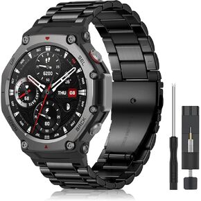 22 mm Watch Band Metal for Amazfit T-Rex 3 Band Beautifully Polished Stainless Steel Replacement Strap for Amazfit T-Rex 3 - Black