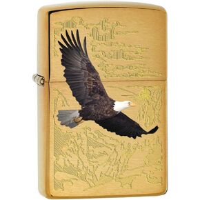 Zippo Lighter: Bald Eagle with Engraved Background - Brushed Brass 79470