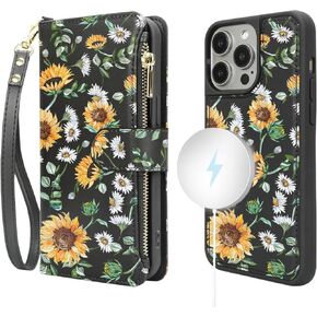 uCOLOR for iPhone 15 Pro Wallet Case with Card Holder Wrist Strap, Detachable [Compatible with Magsafe] RFID Blocking Magnetic PU Leather Phone Case (Sunflowers, iPhone 15 Pro)