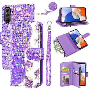Floral Wallet Case for Samsung Galaxy A15 5G/4G with Wrist Strap Shoulder Strap Flip Zipper Purse Card Holder, Luxury PU Leather Stand Glitter Bling Cell Phone Cover for A 15 G5 15A Purple