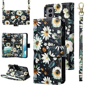 Wallet Case for Samsung Galaxy S22 Plus S22+ 5G with Detachable Wrist Strap Crossbody Shoulder Strap Flower Leather Zipper Purse Stand Phone Cover S22+5G S22plus 22S + S 22 22+ Girls Black
