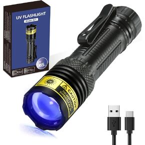 DARKDAWN UV Flashlight 365nm Black Light，Mini & Powerful USB- C Flashlights LED Rechargeable Woods Lamp， Portable Adjustable Focus Blacklight Flashlights for Uranium Glass, Money, Pet Urine Stains ﻿