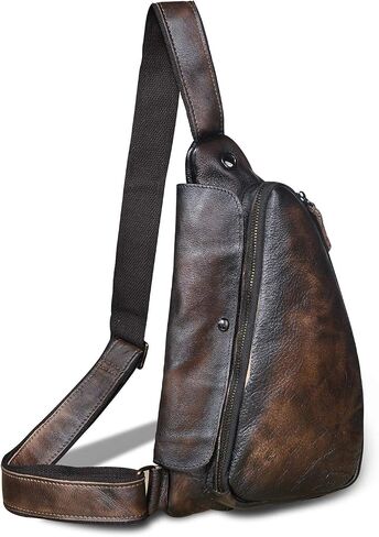 Le'aokuu Mens Fashion مصمم الشاي غير الرسمي السفر المشي لمسافات طويلة Crossbody صدر حبال حقيبة حزام واحد الكتف حقيبة للرجال الجلود in Kuwait
