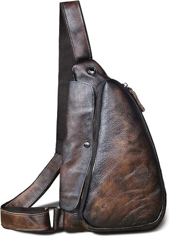 Le'aokuu Mens Fashion مصمم الشاي غير الرسمي السفر المشي لمسافات طويلة Crossbody صدر حبال حقيبة حزام واحد الكتف حقيبة للرجال الجلود in Kuwait