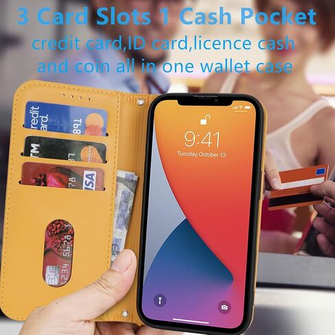 Jaorty Fit for iPhone 14/13 5G Phone Case Wallet with Wrist Strap for Women Men,Wallet Case for iPhone 13/14 with Card Holder,Cash Pocket PU Leather Strong Magnetic with Kickstand,6.1" Yellow in Kuwait