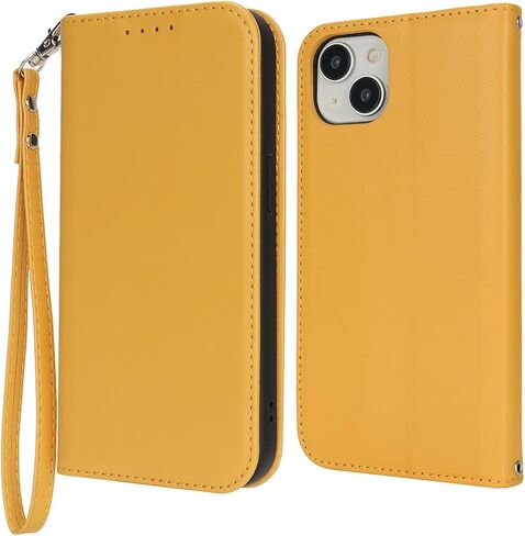 Jaorty Fit for iPhone 14/13 5G Phone Case Wallet with Wrist Strap for Women Men,Wallet Case for iPhone 13/14 with Card Holder,Cash Pocket PU Leather Strong Magnetic with Kickstand,6.1" Yellow in Kuwait