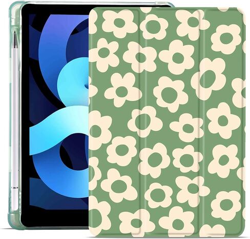 Maycari Green Flower Case لأجهزة iPad 10.2 بوصة 2021/2020/2019 مع حامل قلم رصاص ، لطيف لـ iPad 9th/8/7th Generation Protection مع TPU خضراء ناعمة ، نوم تلقائي/إيقاظ غلاف نحيف in Kuwait