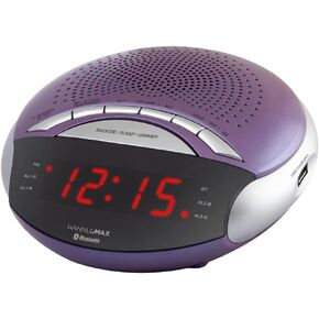 HANNLOMAX HX-139CR Alarm Clock Radio, PLL FM Radio with Preset Stations, Dual Alarm, 0.6" Red LED Display, USB Port for 1A Charging, Bluetooth, AC Power only. (Purple)